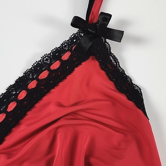 La Senza Red Slip Dress Black Lace Trim Semi Sheer Size Small - Picture 5 of 12